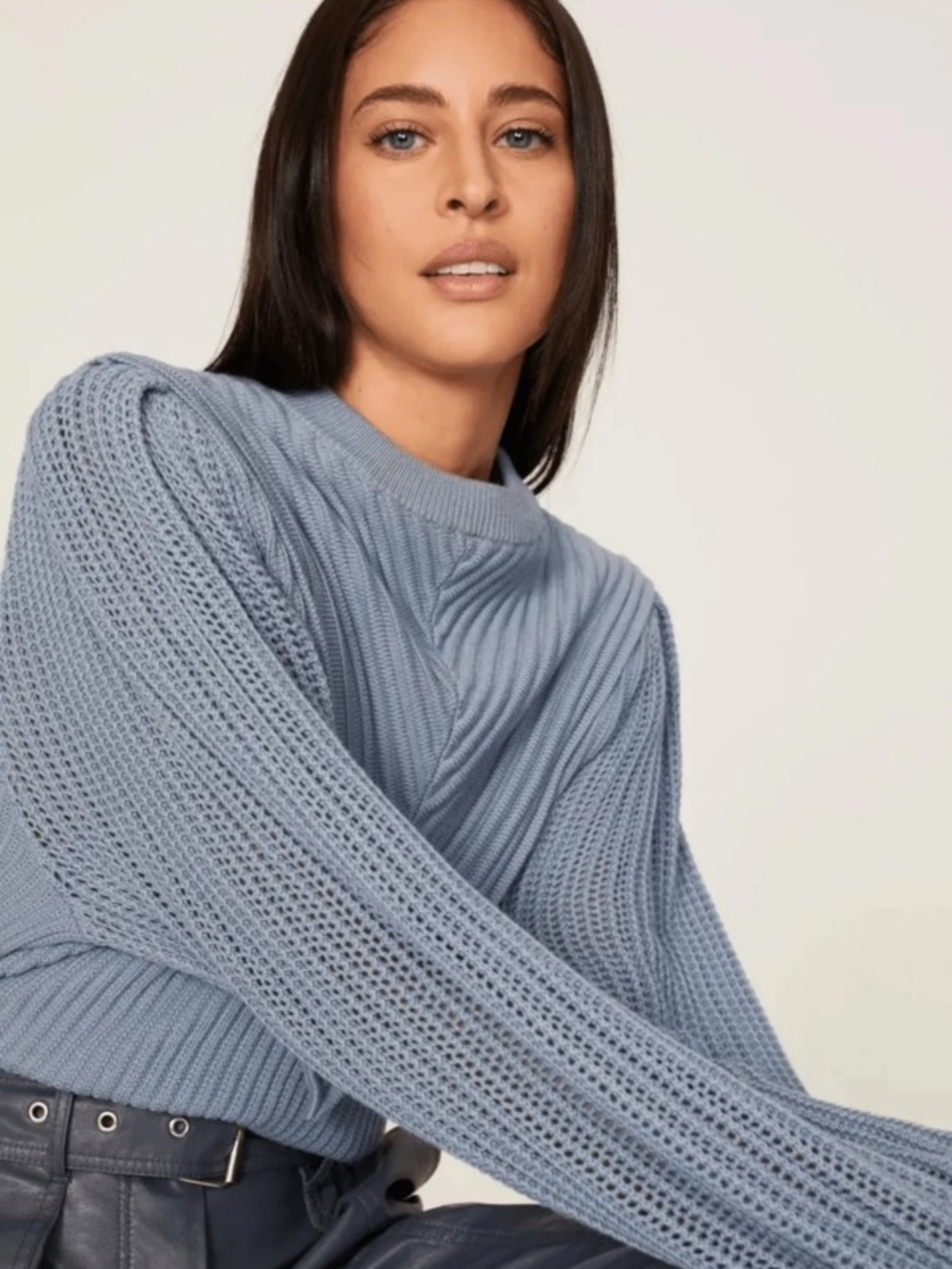 IRO Paris Anyah Sweater Storm Blue Open-Knit Crewneck Balloon Sleeve Women M